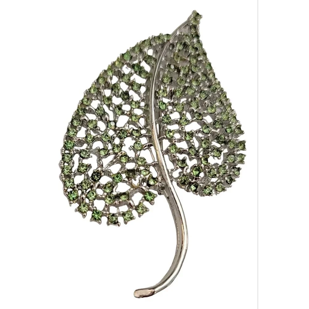 Dodds Silver Tone Green Rhinestone Statement Brooch Pin, Signed M846